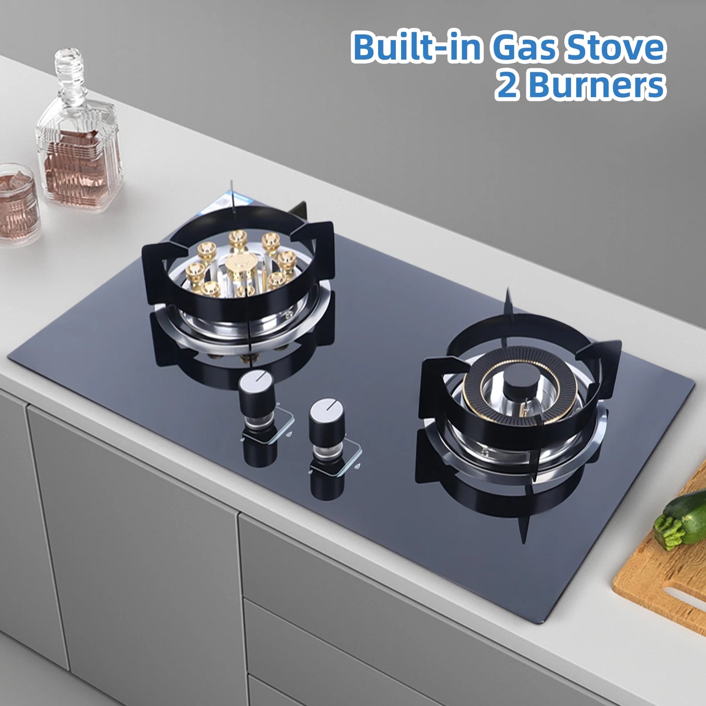 High-Efficiency Built-in Gas Stove with Dual Burners, 4.2KW & 5.2KW Power, Copper Flame Dividers, Tempered Glass Top