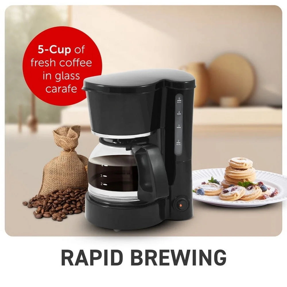 5-Cup Coffeemaker Compact Kitchen Appliance Easy Brew Pause and Serve Built-in Filter Coffee Maker Home Office Dorm RV