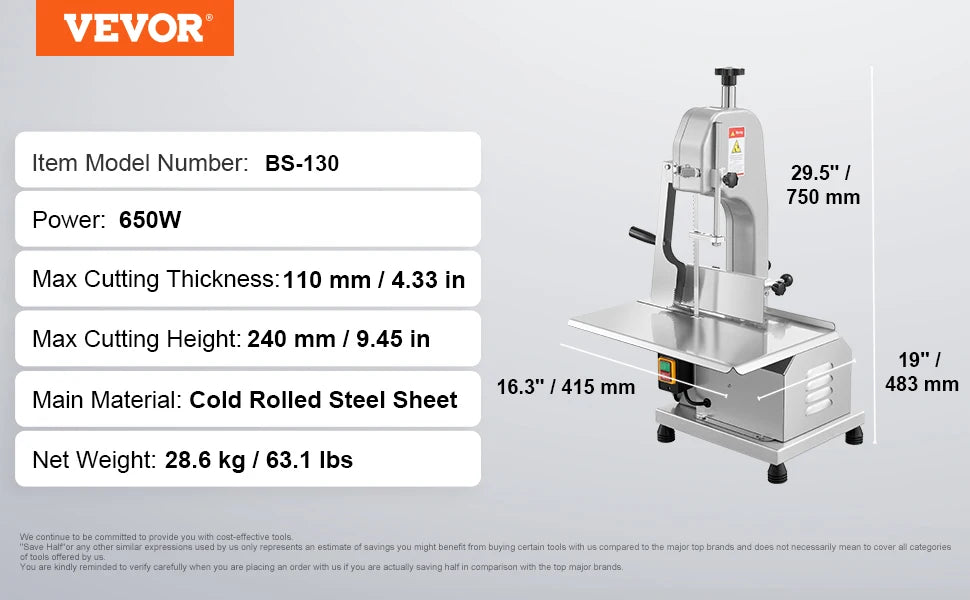 SucceBuy 650W 1100W 1800W Commercial Electric Meat Bandsaw Stainless Steel Countertop Bone Sawing Machine for Rib Pork Beef