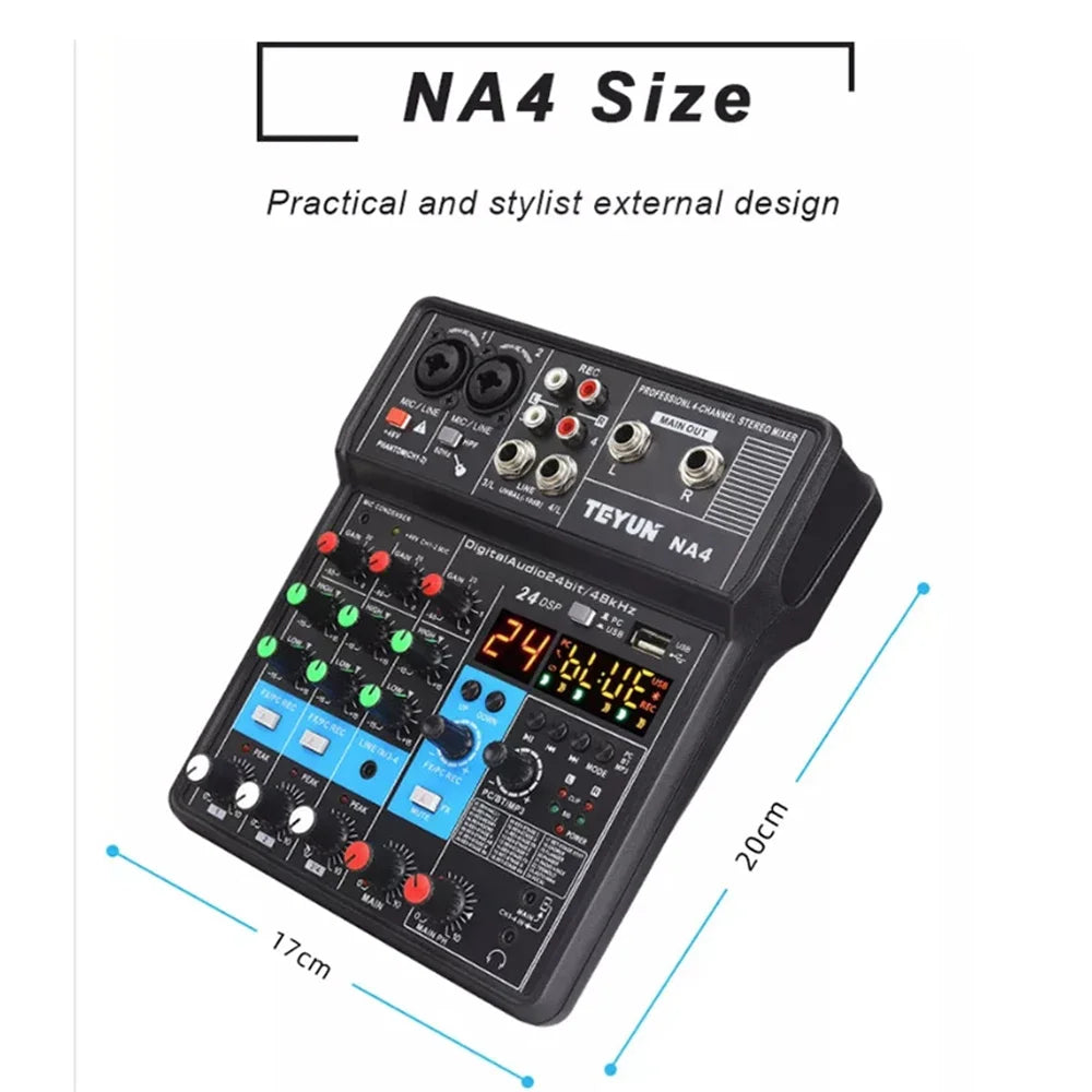 TEYUN 4-Channel Professional Sound Mixer Console Mini Audio Mixer Sound Card Computer Input 48v Power USB Computer Record NA4