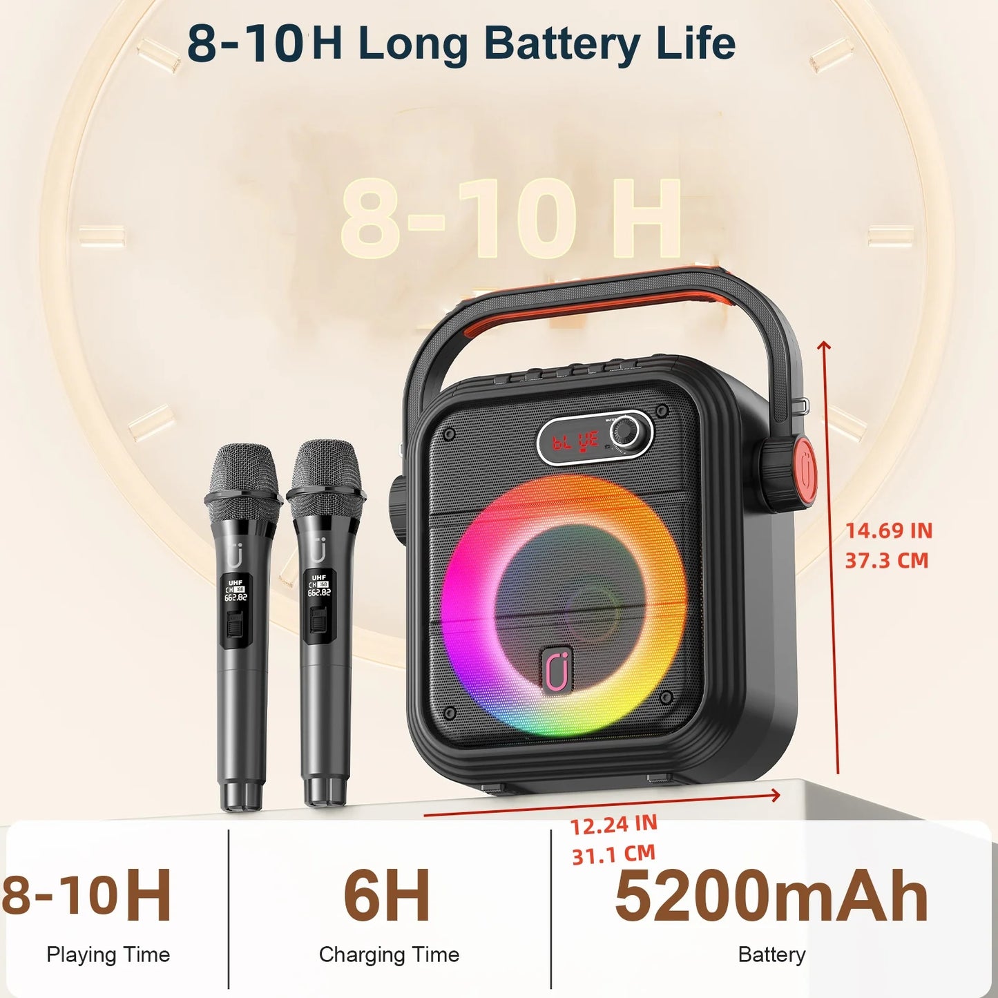 66Pro 5200MAH Portable BT Speaker With 2 Wireless Microphones, Karaoke Speaker For Adults, Karaoke Machine With DJ Light