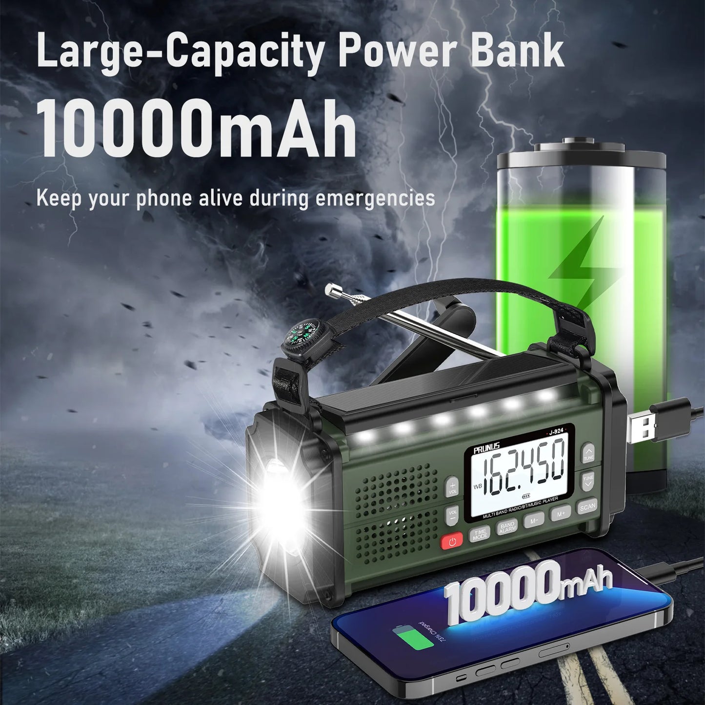 10000mAh Hand Crank Radio, AAA Batteries Powered Emergency Radio Solar, NOAA Weather Radio AM/FM/SW Power Bank Light
