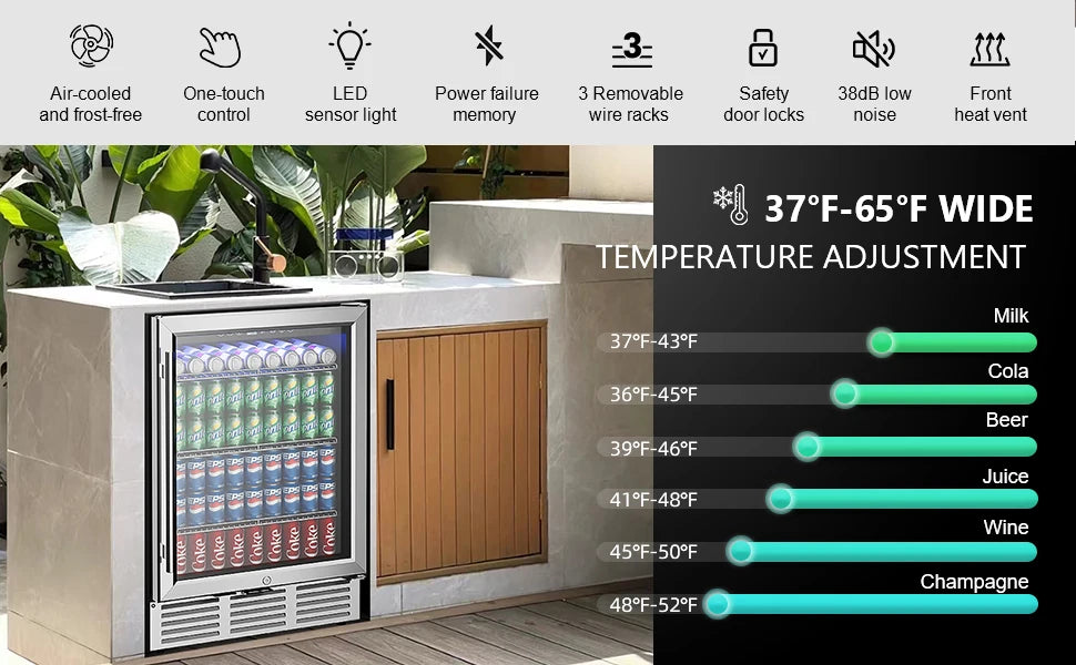 Beverage Refrigerator 24Inch 180 Can Built-in Beverage Cooler Under Counter Beer Fridge Soda Water Wine For Kitchen Bar Office