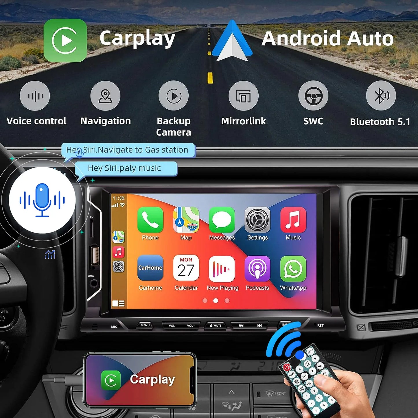 New 7 Inch Car Radio 2 Din HD Touchscreen Car Stereo For Apple CarPlay Android Auto with Backup Camera Remote Control USB/TF/AUX