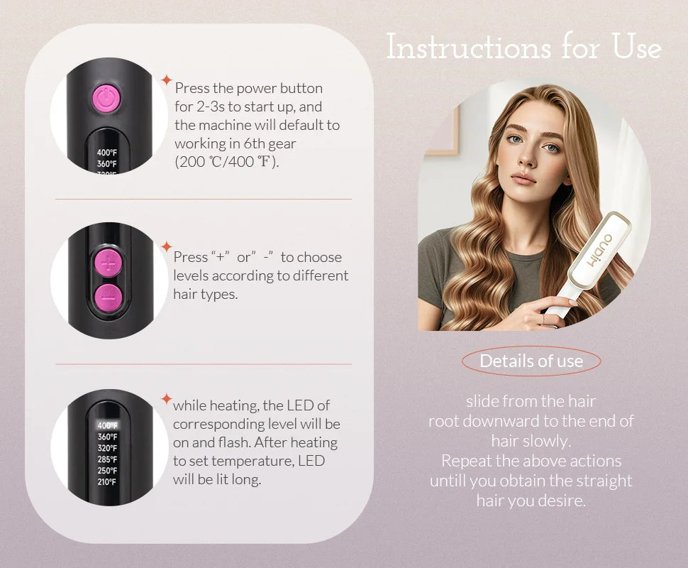 OUDIM Hair Straightener Brush with Six Temperature Settings, Ionic Hair Straightening Brush Flat Iron For Women, Anti-Scald Stra