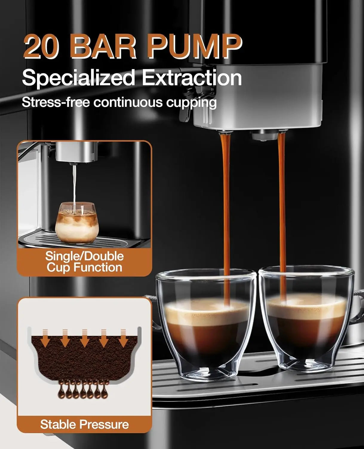 Fully Automatic Espresso Machine with Milk Frother Steam Wand Built-in Grinder Touch Screen Coffee Maker 7 Coffee Varieties