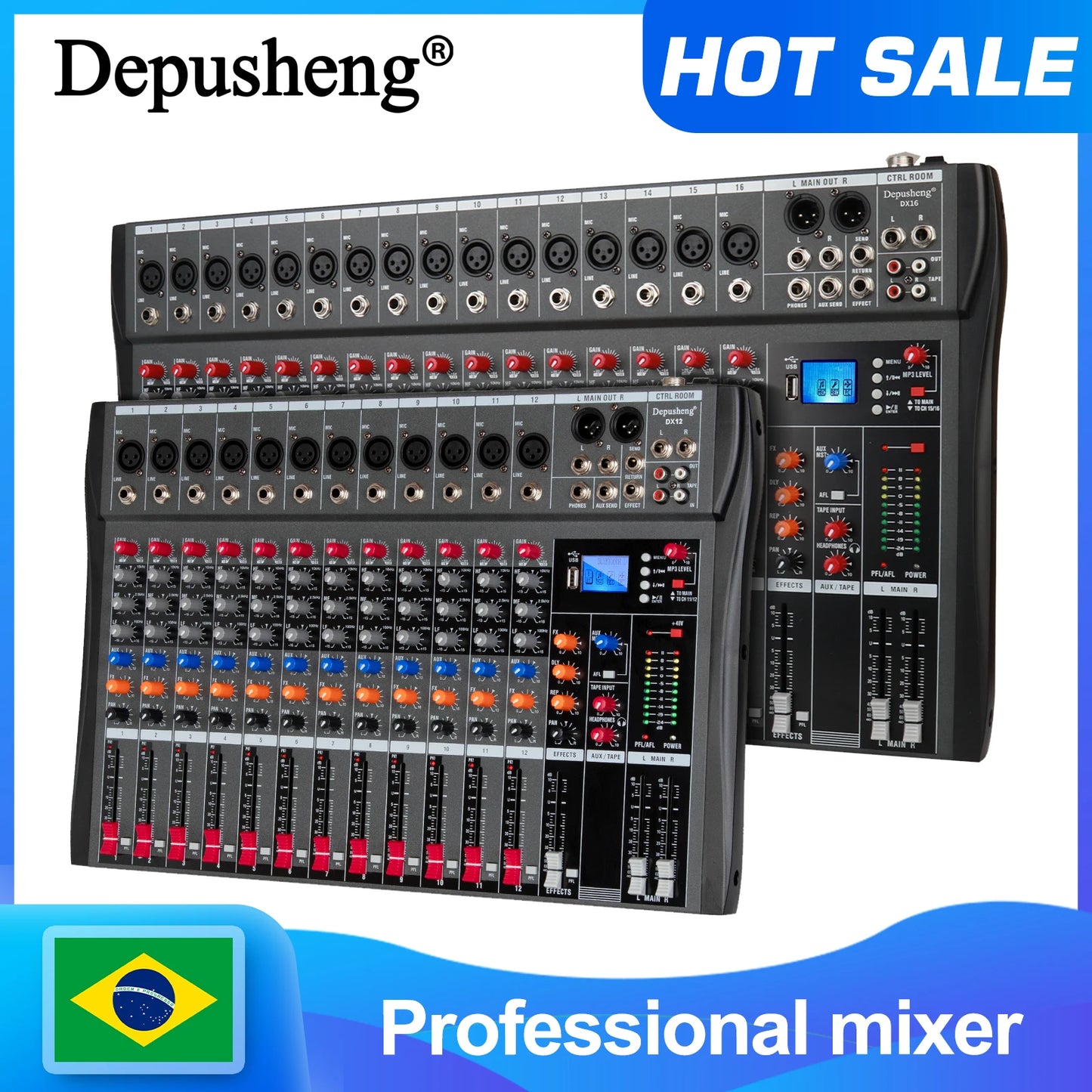 Audio Mixer 6/8/12 Channels Professional DJ mixer LR microphone/line input, AUX,FX processor MP3, headphones, +48V Phantom