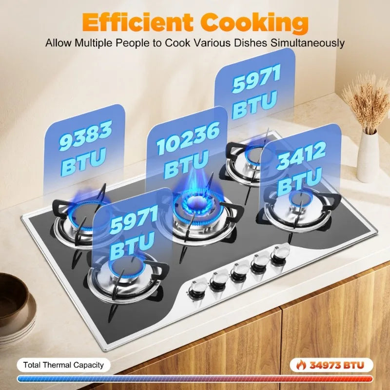 Gas Cooker 5 Burners Built-in Gas Hob Stove Hob Cooktop LPG/NG Gas Tempered Glass Hob Cooktop with 5 Gas Burners