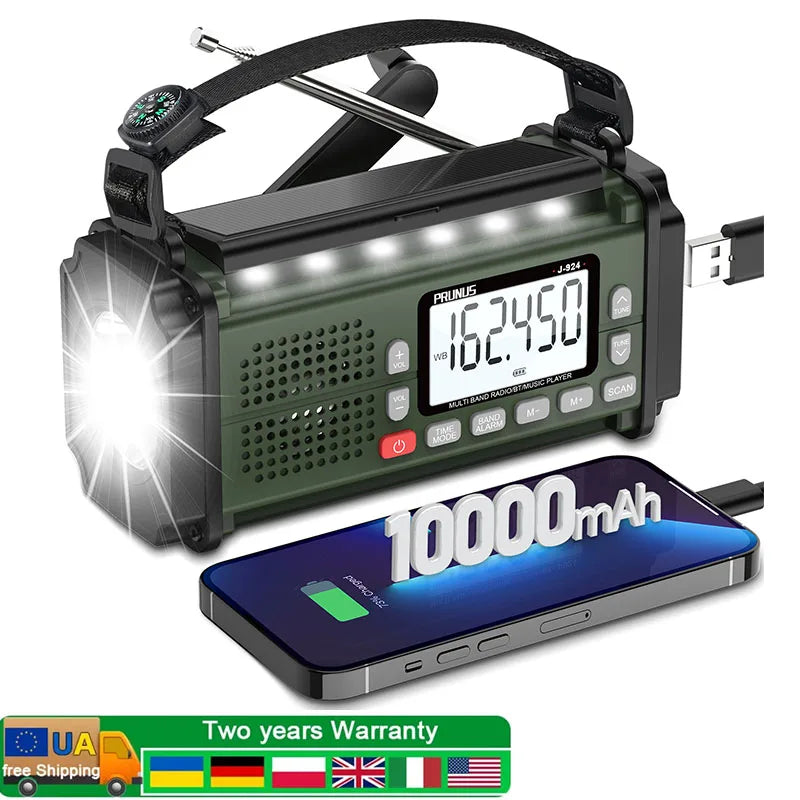 10000mAh Hand Crank Radio, AAA Batteries Powered Emergency Radio Solar, NOAA Weather Radio AM/FM/SW Power Bank Light