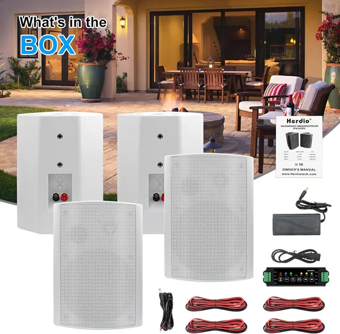 Herdio 4PCS 6.5‘’ 800W Outdoor Bluetooth Speakers Waterproof Wall Mounted Sound System With Multifunctional Amplifier For Patio
