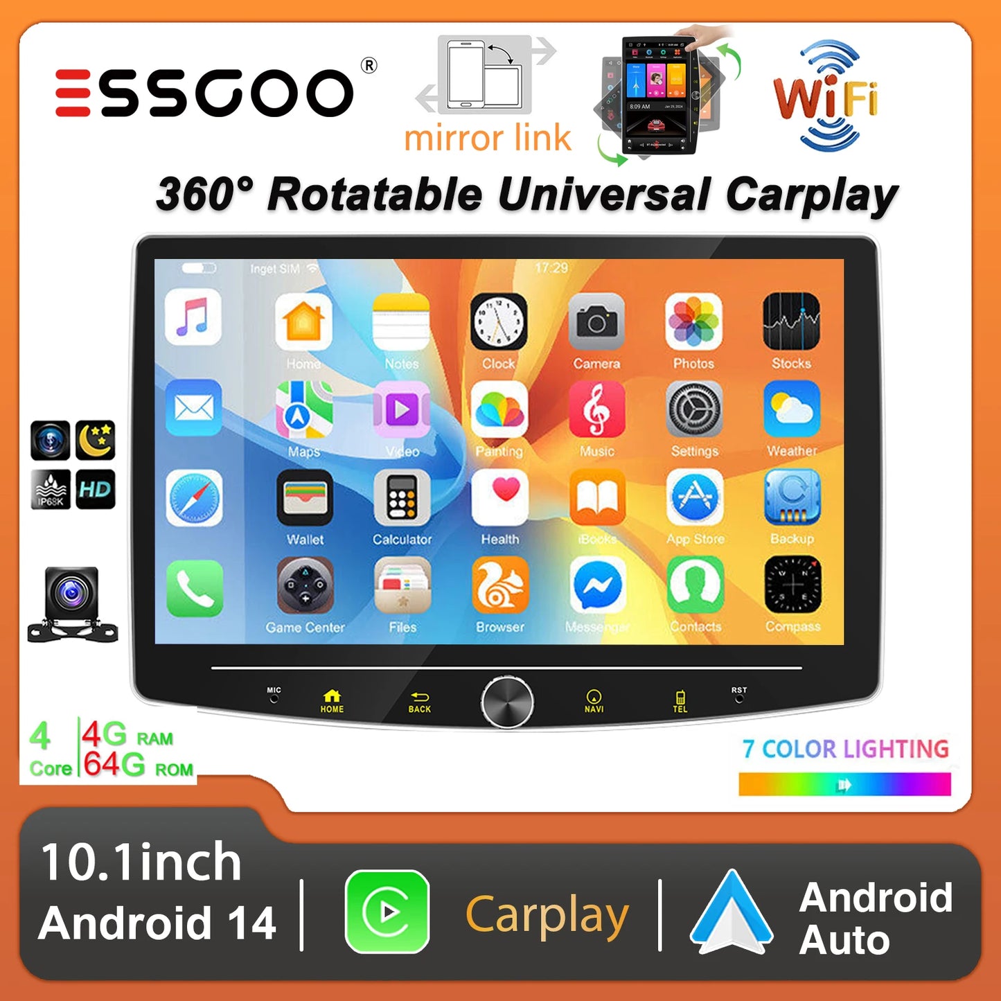 ESSGOO 10.1" 1 DIN Touch screen Universal Wireless carplay Android auto Car Stereo Radio 64G Android 14 GPS NAVI SWC BT MIC WIFI
