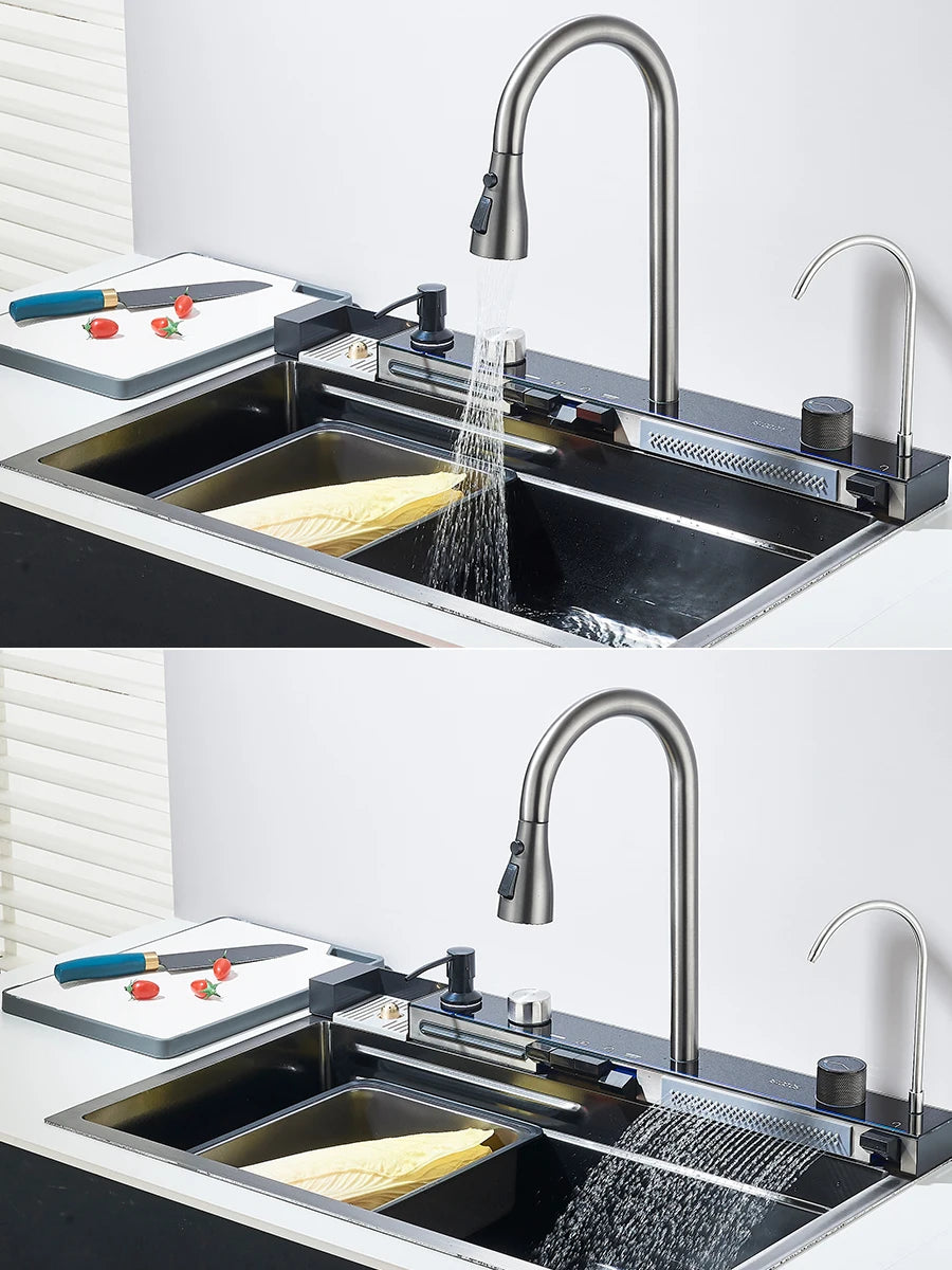 Large 304 Kitchen Sinks 75x45cm Stainless Steel Kitchen Waterfall Sink Digital Display Large Single Sink Dish Washer Faucet