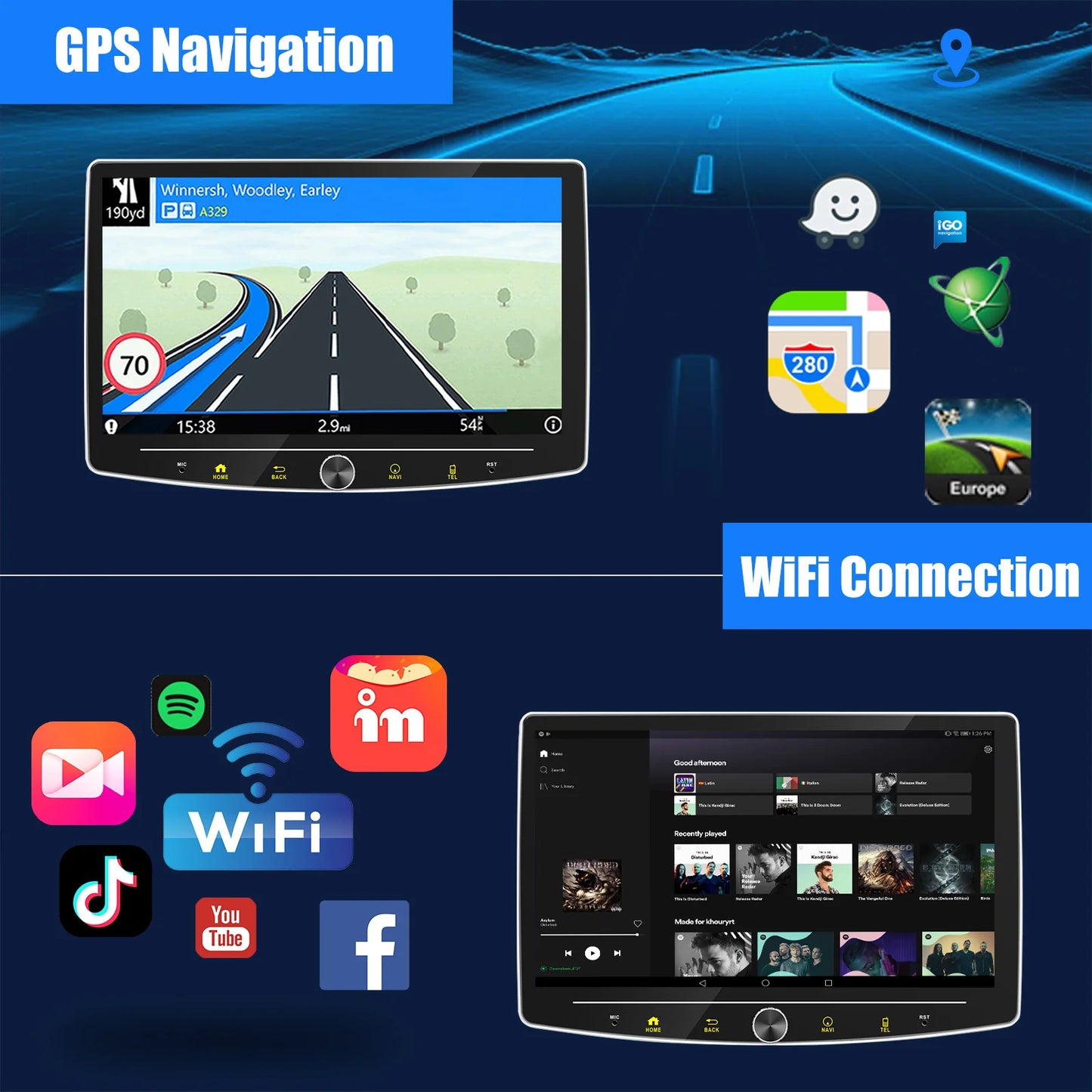 ESSGOO 10.1" 1 DIN Touch screen Universal Wireless carplay Android auto Car Stereo Radio 64G Android 14 GPS NAVI SWC BT MIC WIFI