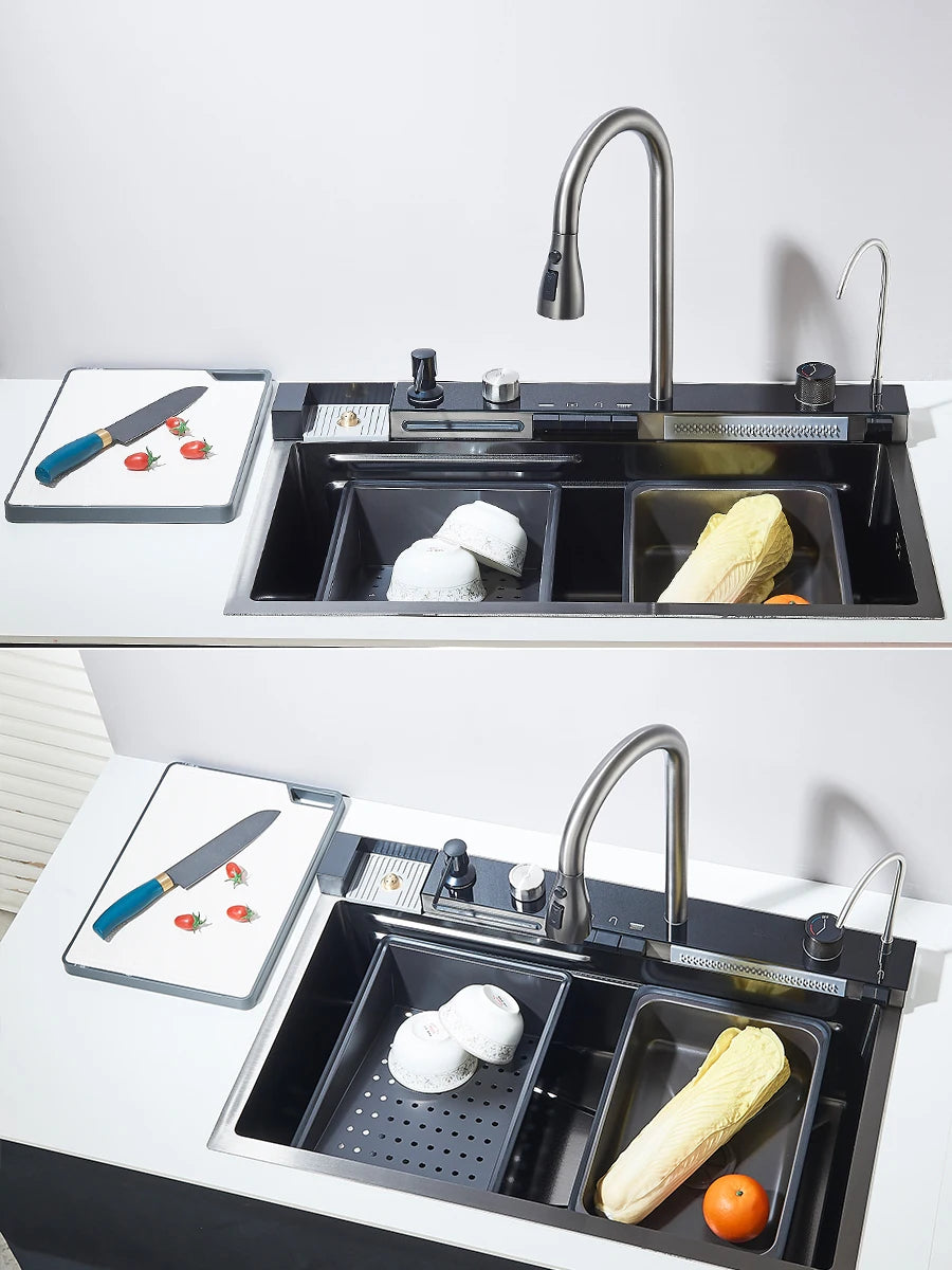 Large 304 Kitchen Sinks 75x45cm Stainless Steel Kitchen Waterfall Sink Digital Display Large Single Sink Dish Washer Faucet