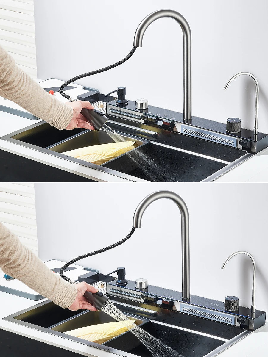 Large 304 Kitchen Sinks 75x45cm Stainless Steel Kitchen Waterfall Sink Digital Display Large Single Sink Dish Washer Faucet