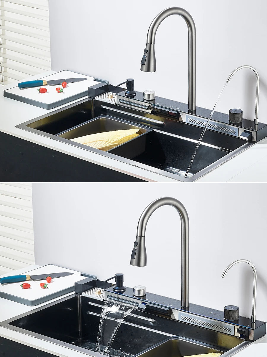 Large 304 Kitchen Sinks 75x45cm Stainless Steel Kitchen Waterfall Sink Digital Display Large Single Sink Dish Washer Faucet