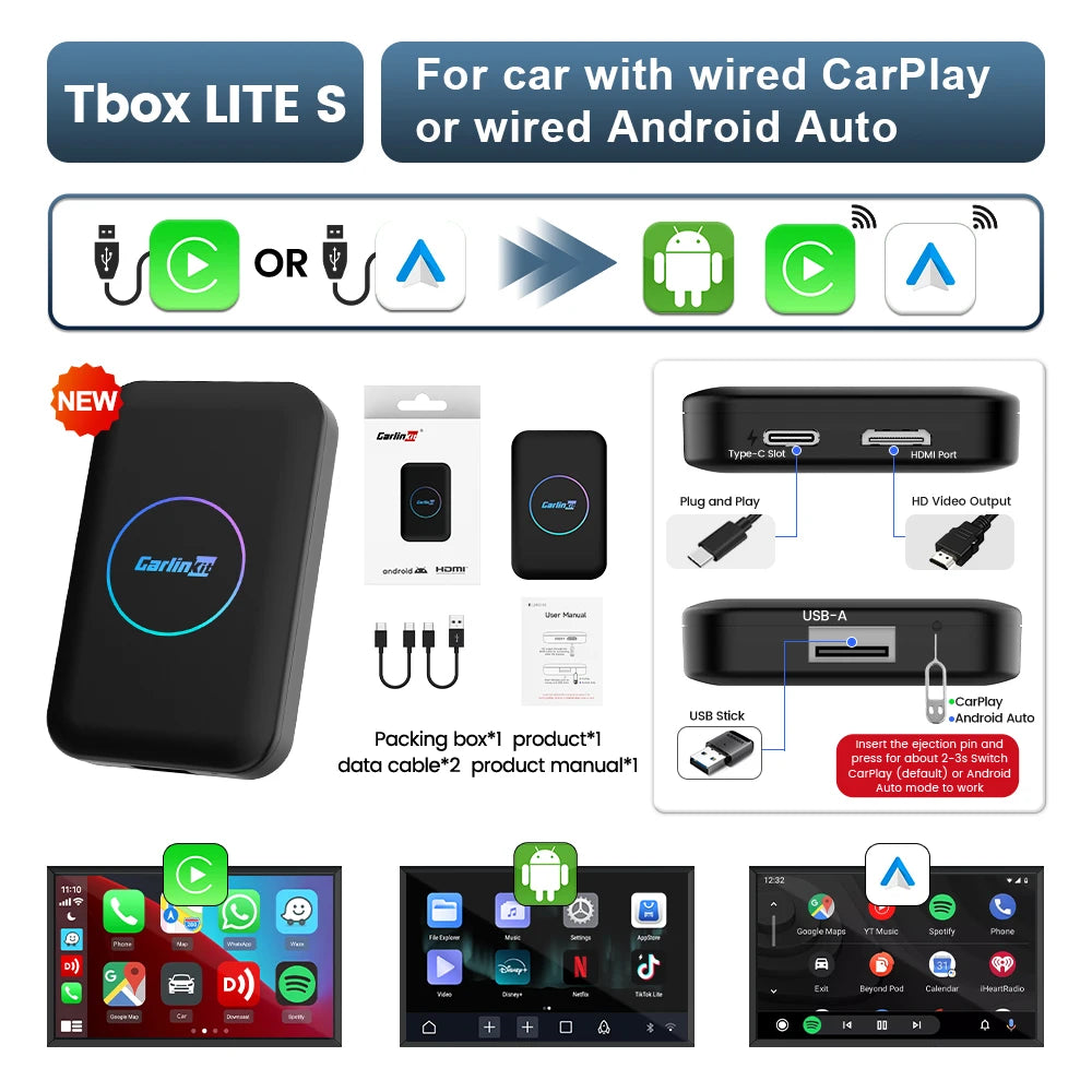 CarlinKit 5-In-1 Lite S Android TV Box CarPlay Ai Box Support Netflix Wireless CarPlay & Android Auto HDMI USB Device Plug &Play