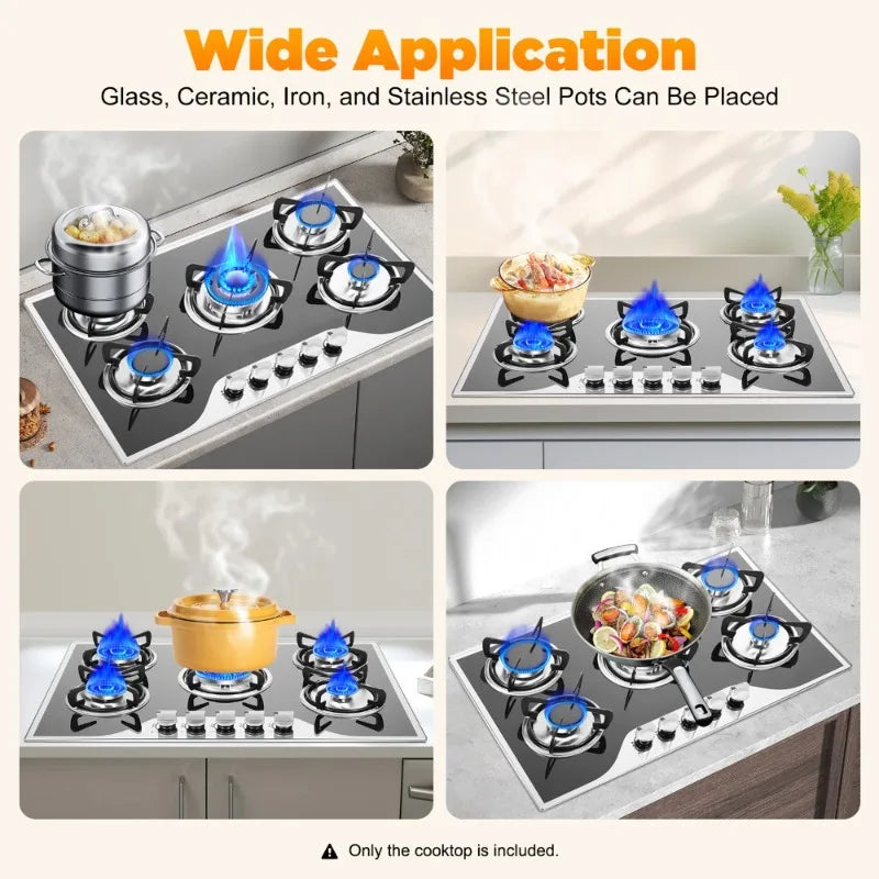 Gas Cooker 5 Burners Built-in Gas Hob Stove Hob Cooktop LPG/NG Gas Tempered Glass Hob Cooktop with 5 Gas Burners
