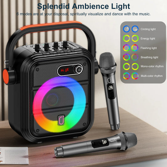 66Pro 5200MAH Portable BT Speaker With 2 Wireless Microphones, Karaoke Speaker For Adults, Karaoke Machine With DJ Light