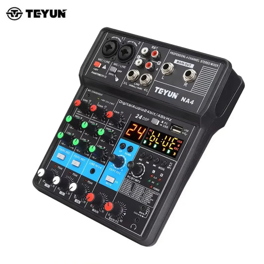 TEYUN 4-Channel Professional Sound Mixer Console Mini Audio Mixer Sound Card Computer Input 48v Power USB Computer Record NA4