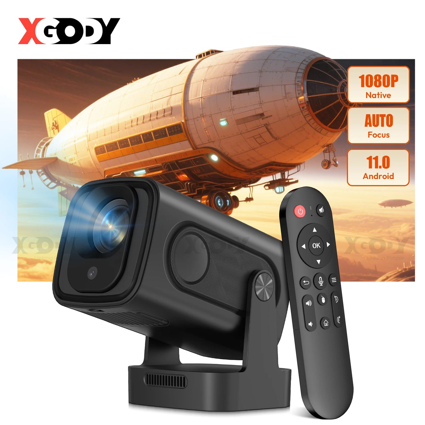 XGODY Gimbal 5 PROAndroid 11-Projektor 4K Native 1080P Autofokus 330ANSI Dual Wifi BT5.4  Air Mouse Voice Home Outdoor Movie