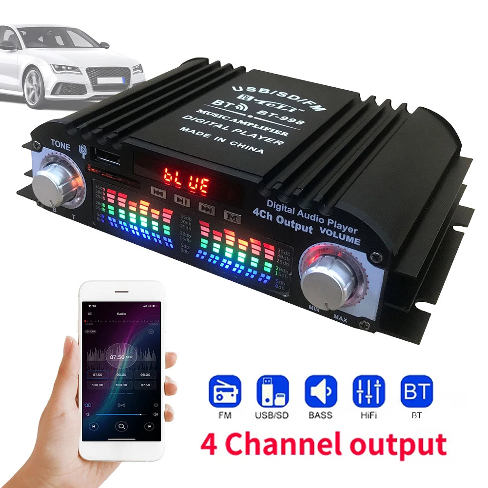 1600W Peak Power Mini HIFI Digital Stereo Amp Digital 4 Channel Audio Amplifier FM Radio USB Bluetooth-Compatible Karaoke Player
