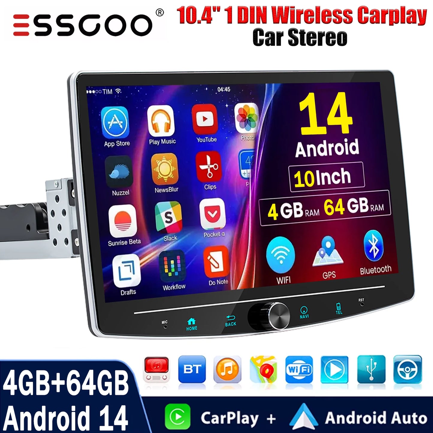 4+64GB Single 1 Din Android 14.0 10.1" Universal Wireless Carplay Car Stereo Radio Multimedia Player GPS Navi WIFI Android Auto