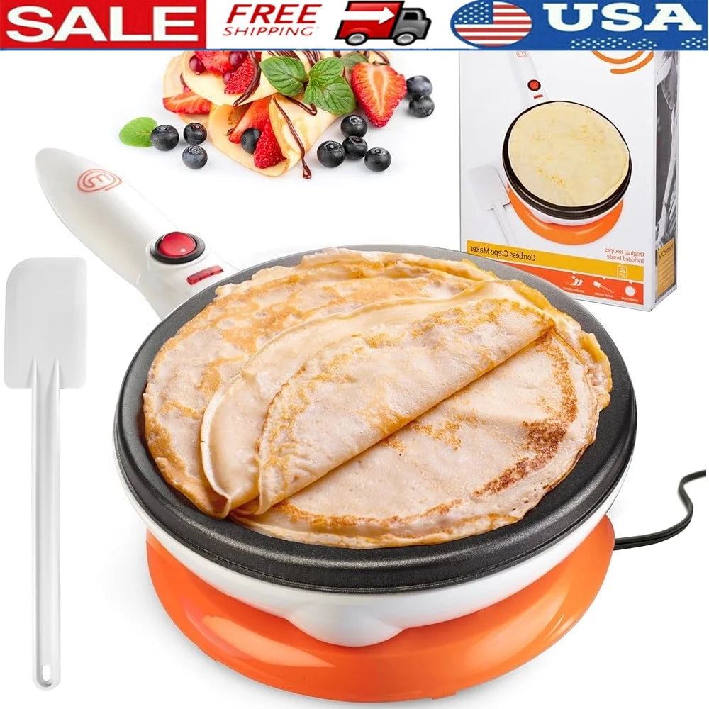 Cordless Electric Crepe Maker Non-stick Dipping Plate Batter Spreader Recipe Guide Compact Kitchen Appliance Crepes and Pancakes