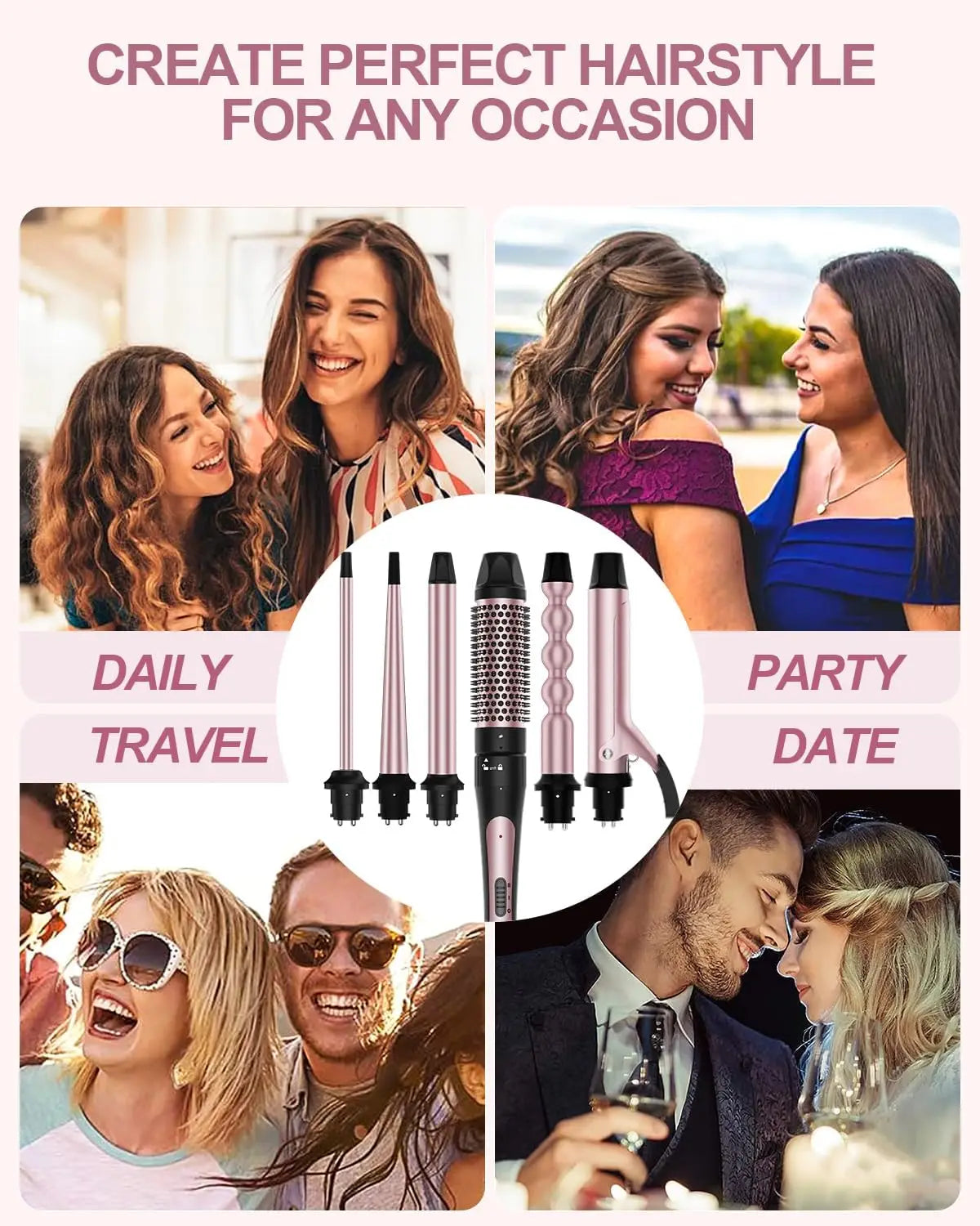 6 in 1 Curling Iron, Curling Wand Set with Thermal Brush (1.5inch) & 1inch Bubble Curling Wand and 3 Interchangeable Ceramic Bar