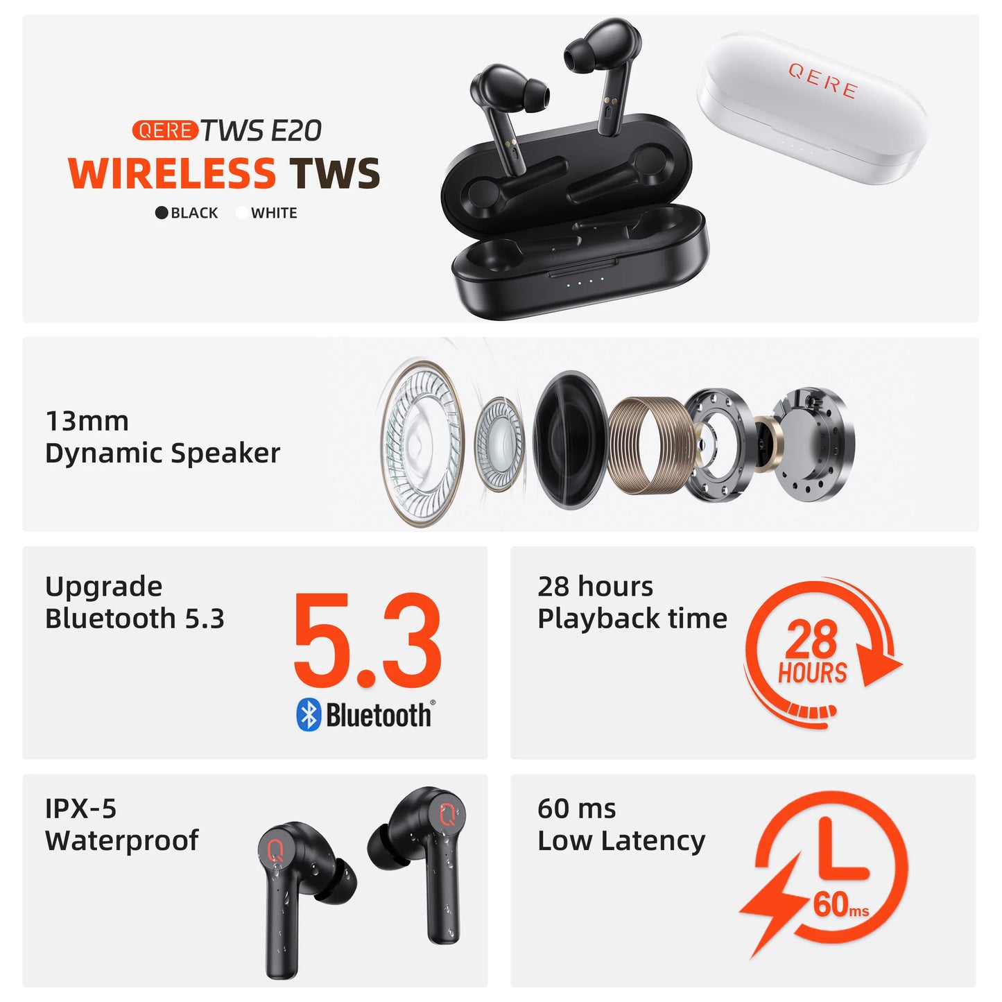 Wireless Earphones QERE E20 NEW TWS Bluetooth 5.3 HD Microphone HIFI Headphone 13mm Driver Low Latency gaming waterproof Earbud