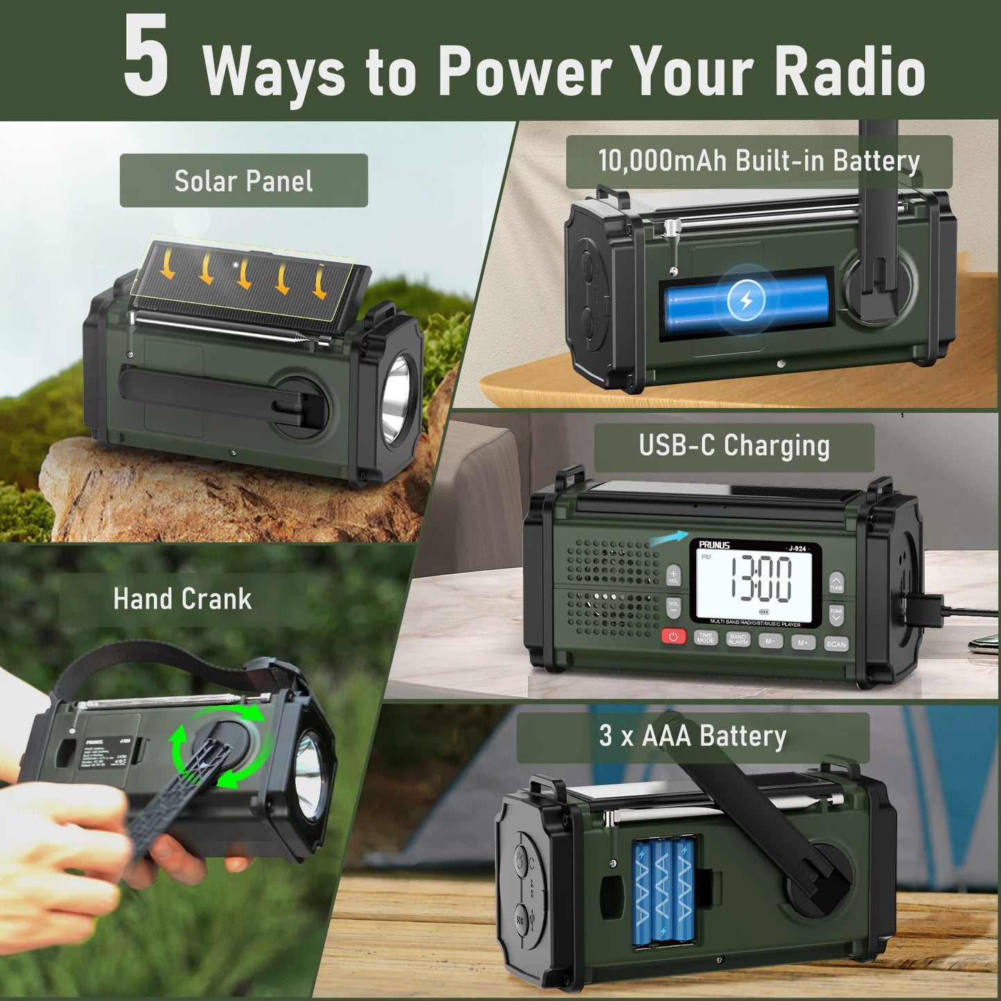 10000mAh Hand Crank Radio, AAA Batteries Powered Emergency Radio Solar, NOAA Weather Radio AM/FM/SW Power Bank Light