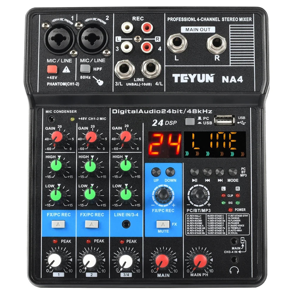 TEYUN 4-Channel Professional Sound Mixer Console Mini Audio Mixer Sound Card Computer Input 48v Power USB Computer Record NA4
