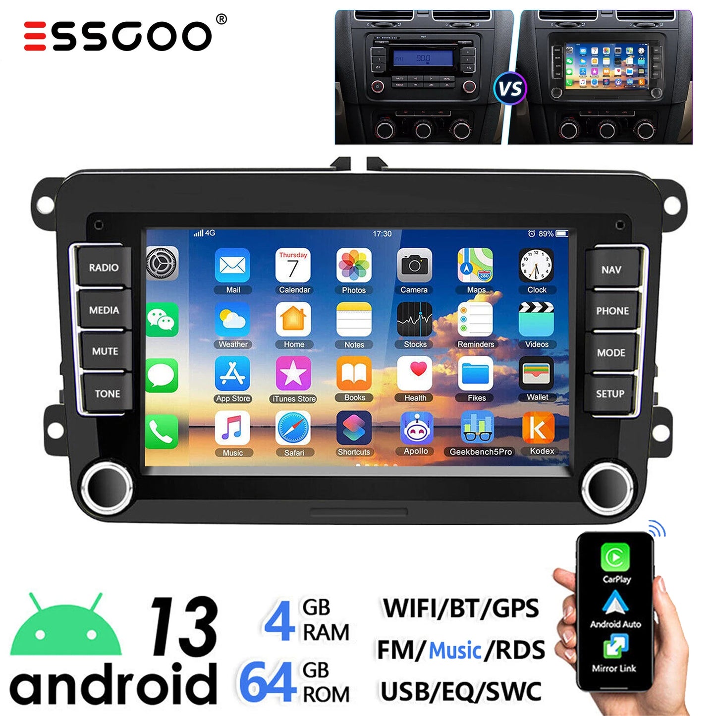 7" Android 14 4G+64G Apple Carplay Car Stereo GPS NAVI WIFI RDS FM BT for VW Golf 5 6 Passat Polo Touran Tiguan Caddy EOS