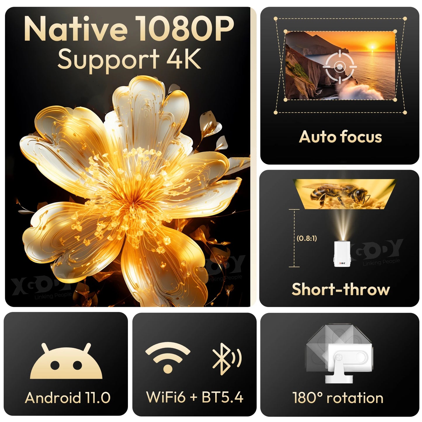 XGODY Gimbal 5 PROAndroid 11-Projektor 4K Native 1080P Autofokus 330ANSI Dual Wifi BT5.4  Air Mouse Voice Home Outdoor Movie