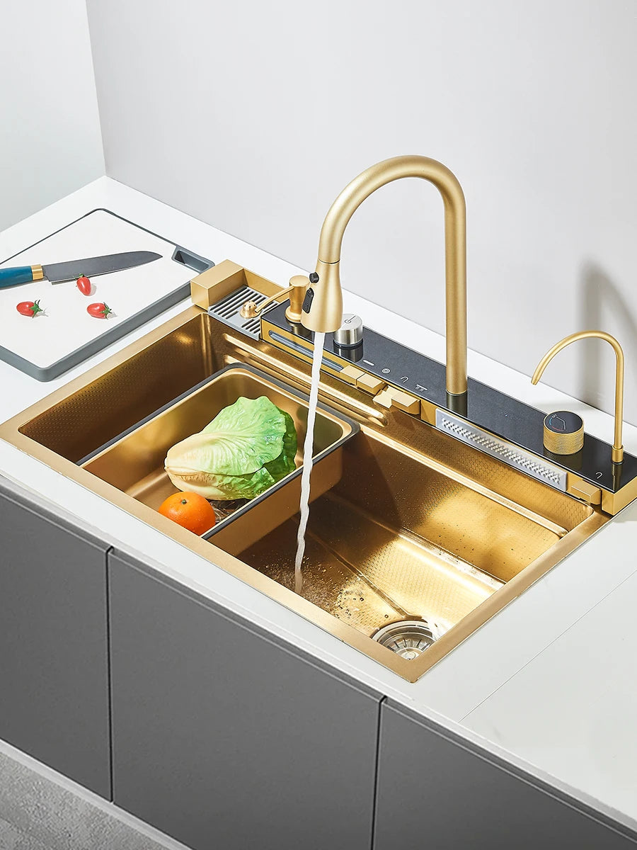 Large 304 Kitchen Sinks 75x45cm Stainless Steel Kitchen Waterfall Sink Digital Display Large Single Sink Dish Washer Faucet