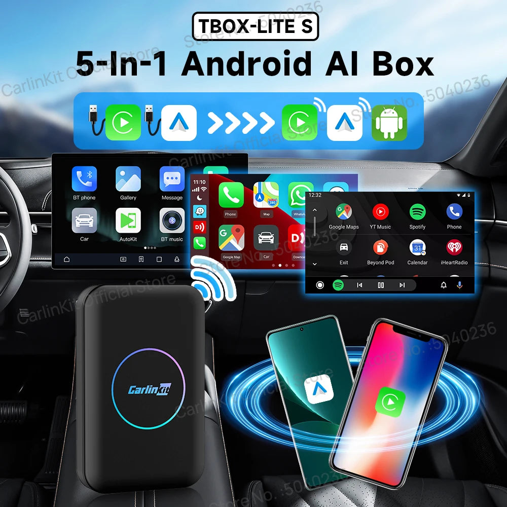 CarlinKit 5-In-1 Lite S Android TV Box CarPlay Ai Box Support Netflix Wireless CarPlay & Android Auto HDMI USB Device Plug &Play