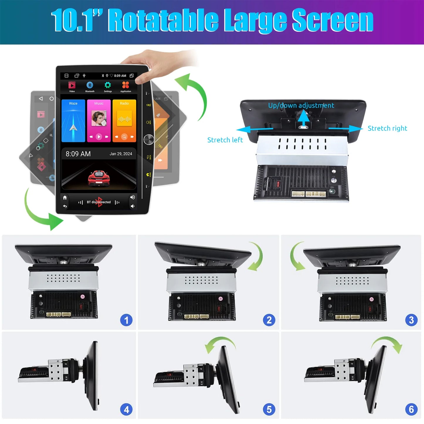 10.1" 1 DIN Touch screen Universal Wireless carplay Android auto Car Stereo Radio 64G Android 14 GPS NAVI SWC BT MIC WIFI