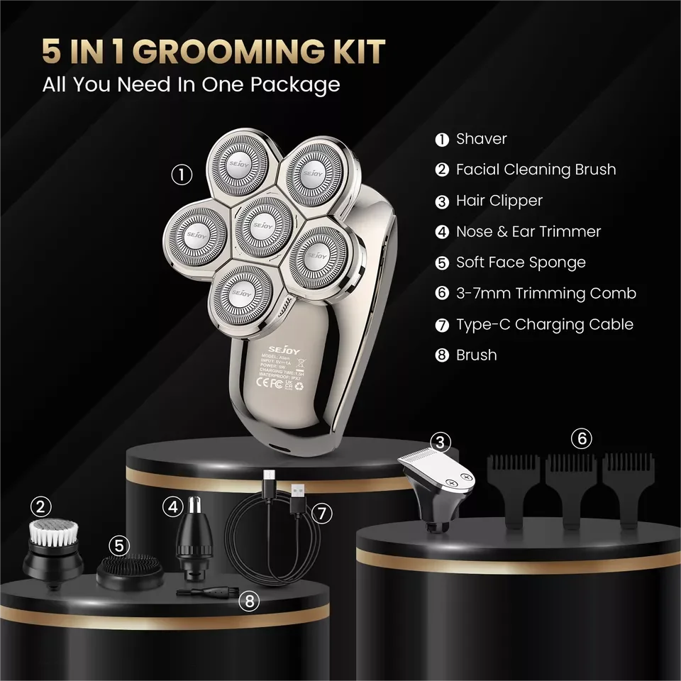 SEJOY Electric Shaver Hair Clipper 5IN1 Beard Trimmer Bald Head Shaver Wet & Dry Men's Electric Hair Trimmer