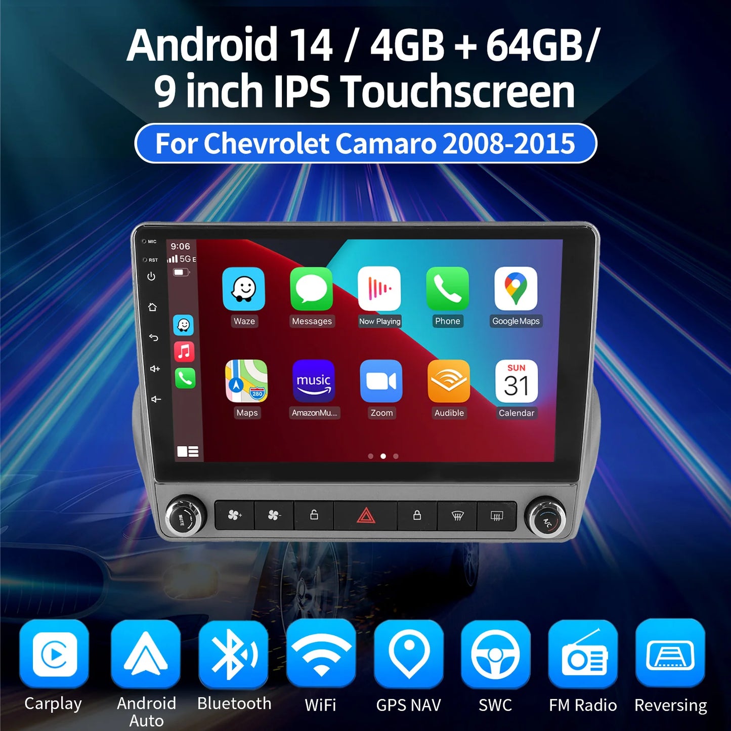 9" Android 15 Carplay 4+64G Car GPS Radio Stereo For Chevrolet Camaro 2010-2015 WiFi Head Unit Bluetooth Touch Screen+DVR&Camera