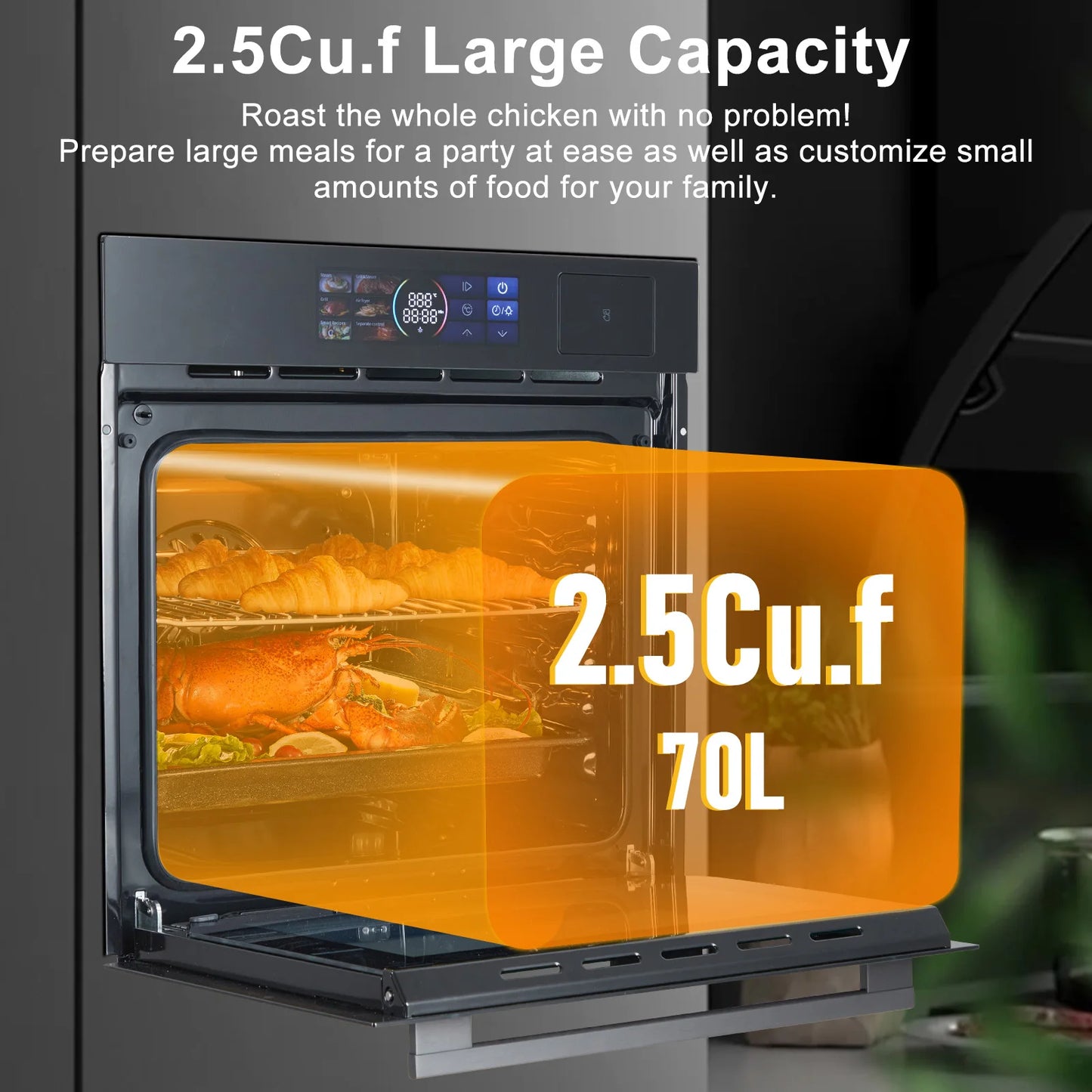 2.5 Cu.ft Built-in Electric Wall Oven With TFT Display 8 Cooking Modes In Steam, Grill, Air Frying Mode For Kitchen Restaurant