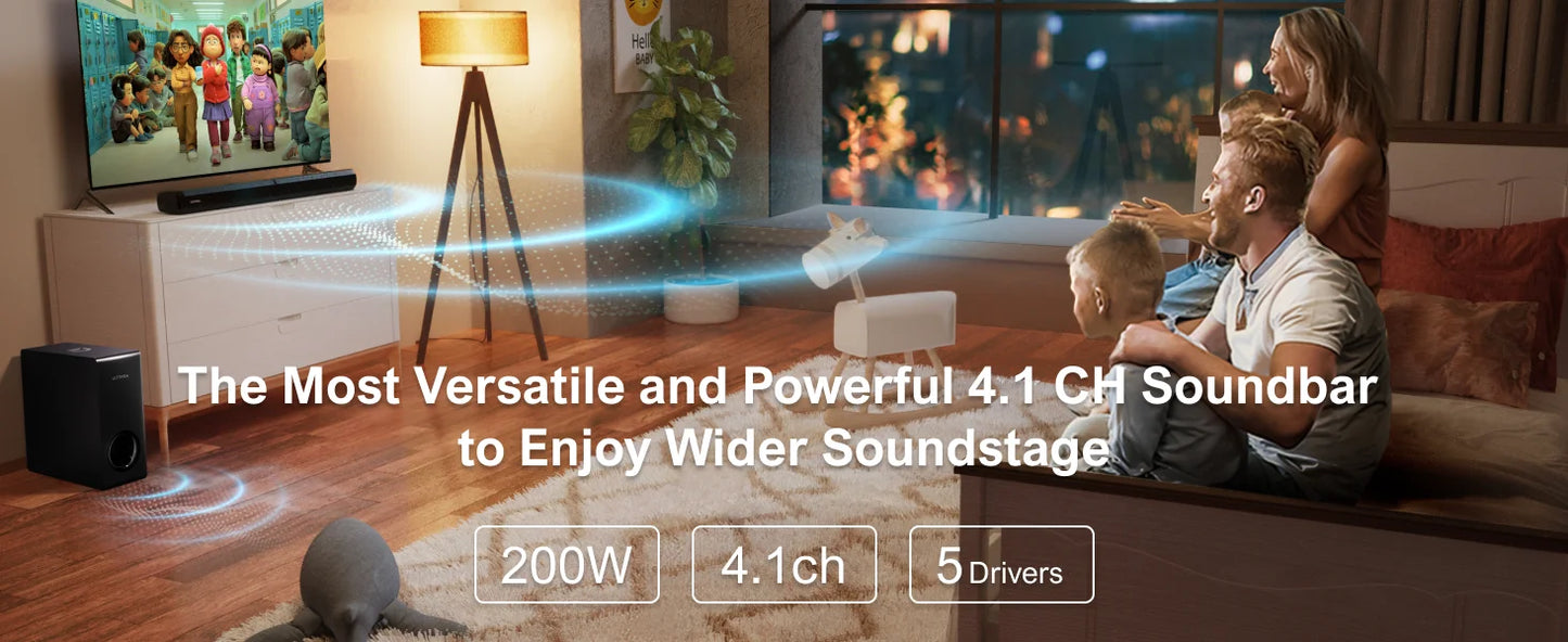ULTIMEA 200w 4.1ch TV Sound bar Heimkino Soundsystem Bluetooth-Lautsprecher Soundbar Subwoofer support optische Aux HDMI Speaker