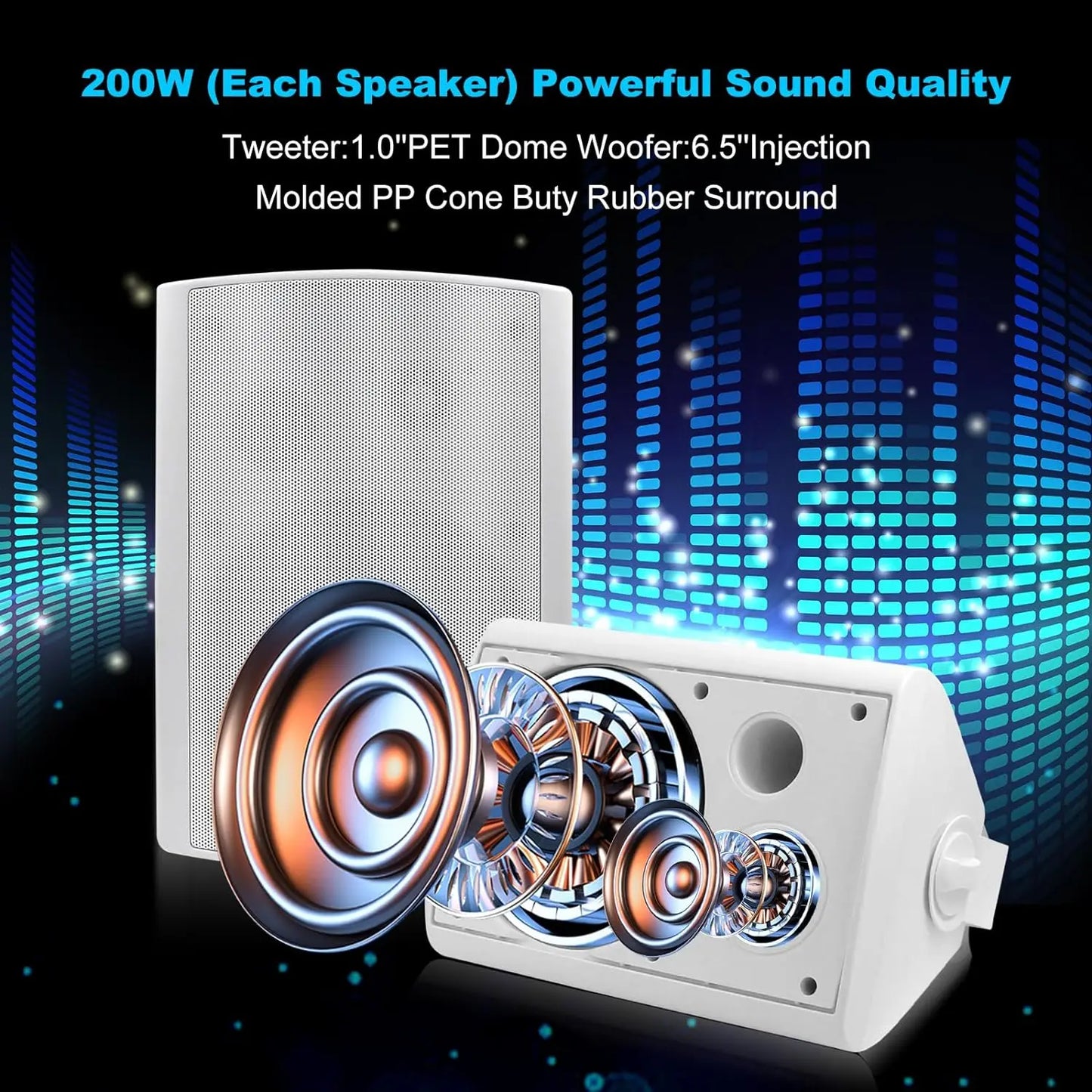 6.5" 400W 2PCS Indoor Outdoor Bluetooth Speakers Wall Mount Speakers Waterproof Weather Resistant For Patio Garage Home