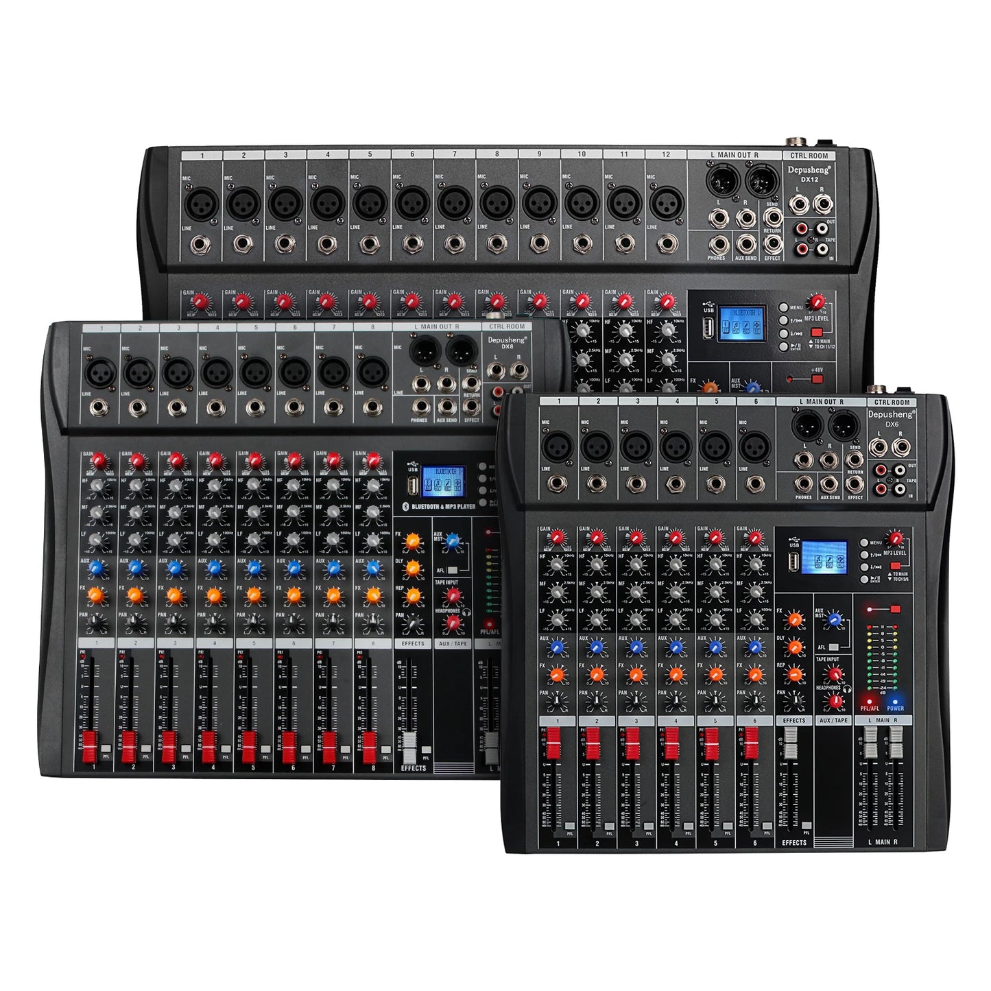 Audio Mixer 6/8/12 Channels Professional DJ mixer LR microphone/line input, AUX,FX processor MP3, headphones, +48V Phantom