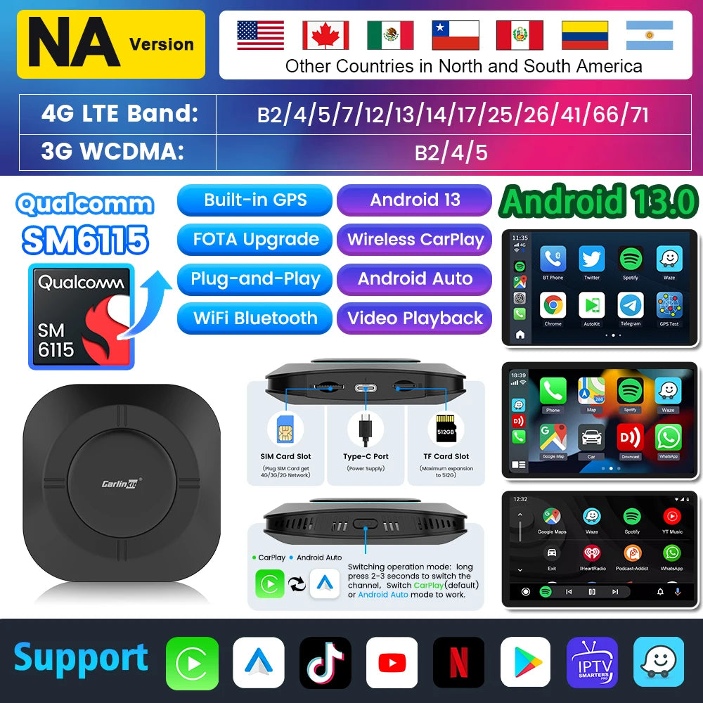 Carlinkit Android 13 Tv Box Carplay Android Auto 8 Core Wired To Wireless Adapter For Netflix Spotify Youtube Car Accessories