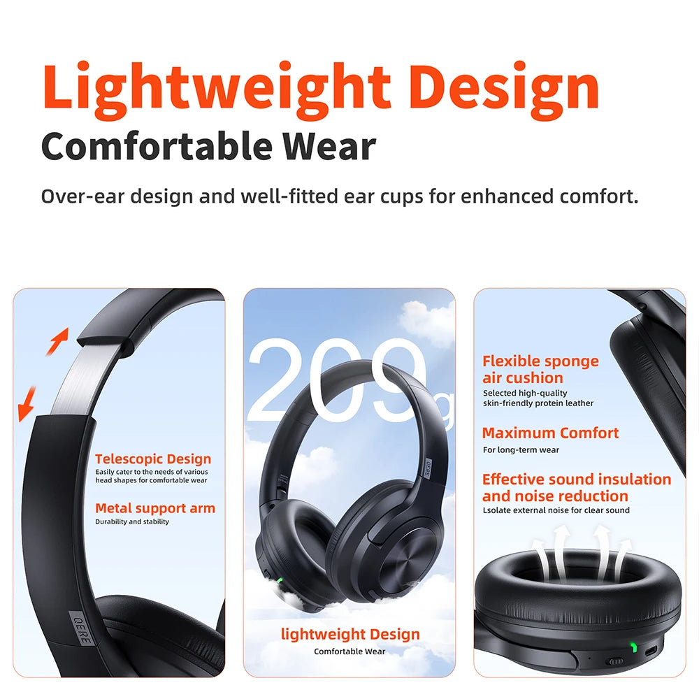 Wireless bluetooth headset QERE E80 Earphone 5.3 ANC Noise Cancellation Hi-Res Audio Over the Ear headphones 70H 40mm Driver2.4G