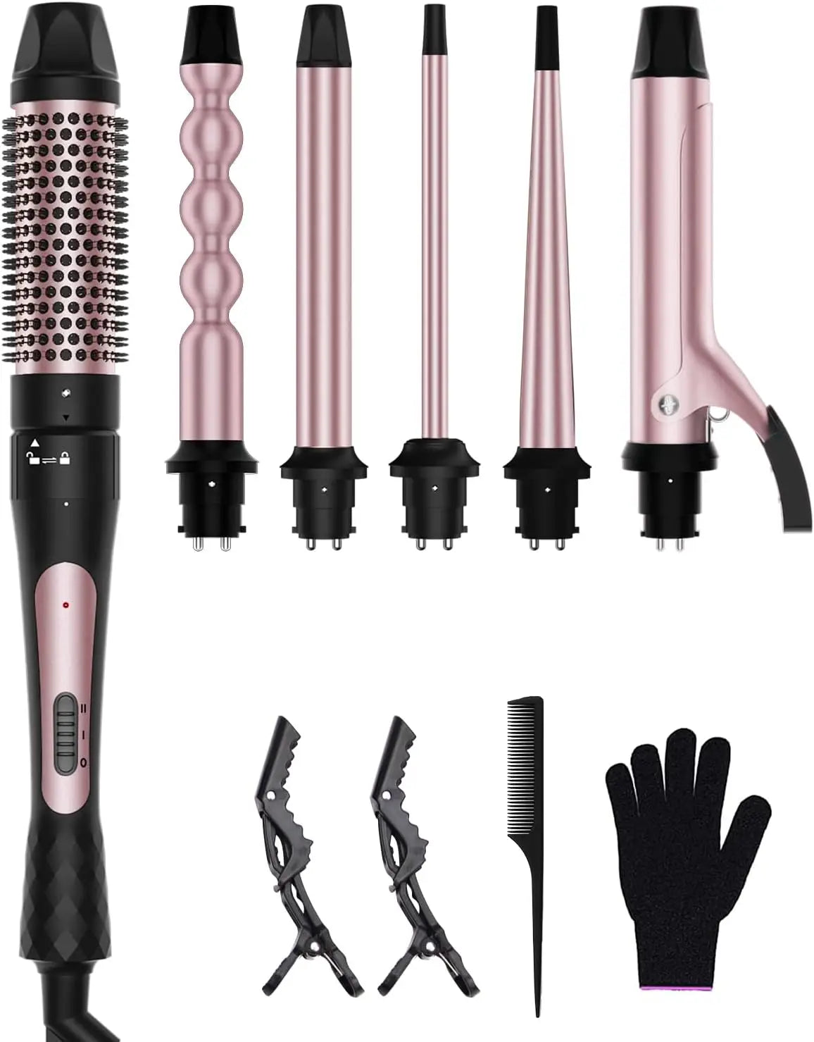 6 in 1 Curling Iron, Curling Wand Set with Thermal Brush (1.5inch) & 1inch Bubble Curling Wand and 3 Interchangeable Ceramic Bar