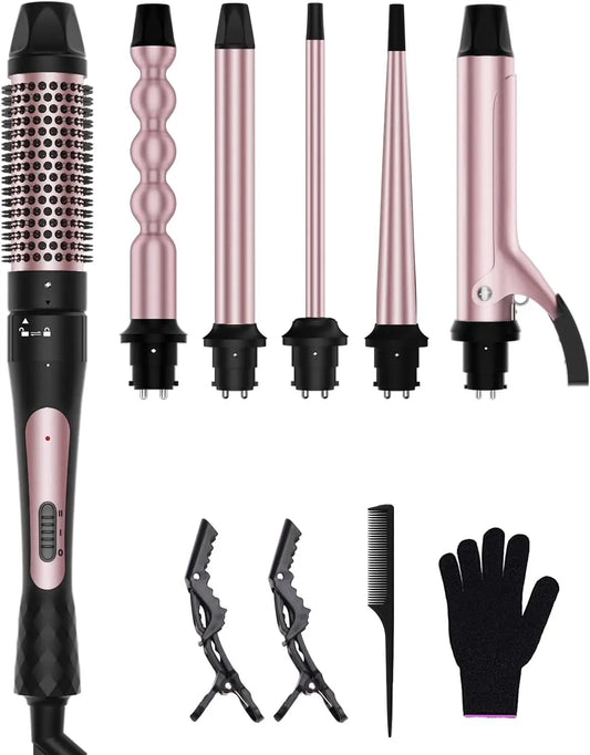 6 in 1 Curling Iron, Curling Wand Set with Thermal Brush (1.5inch) & 1inch Bubble Curling Wand and 3 Interchangeable Ceramic Bar