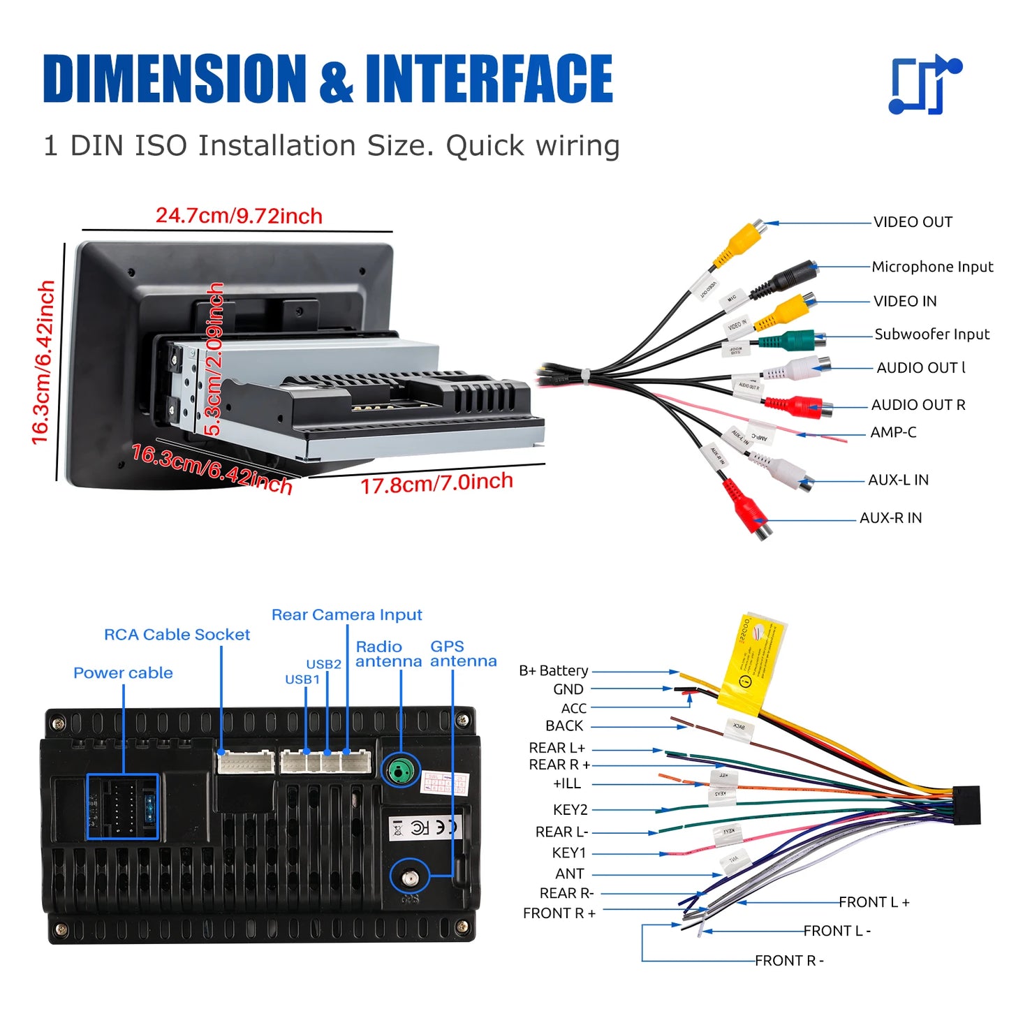 10.1" 1 DIN Touch screen Universal Wireless carplay Android auto Car Stereo Radio 64G Android 14 GPS NAVI SWC BT MIC WIFI
