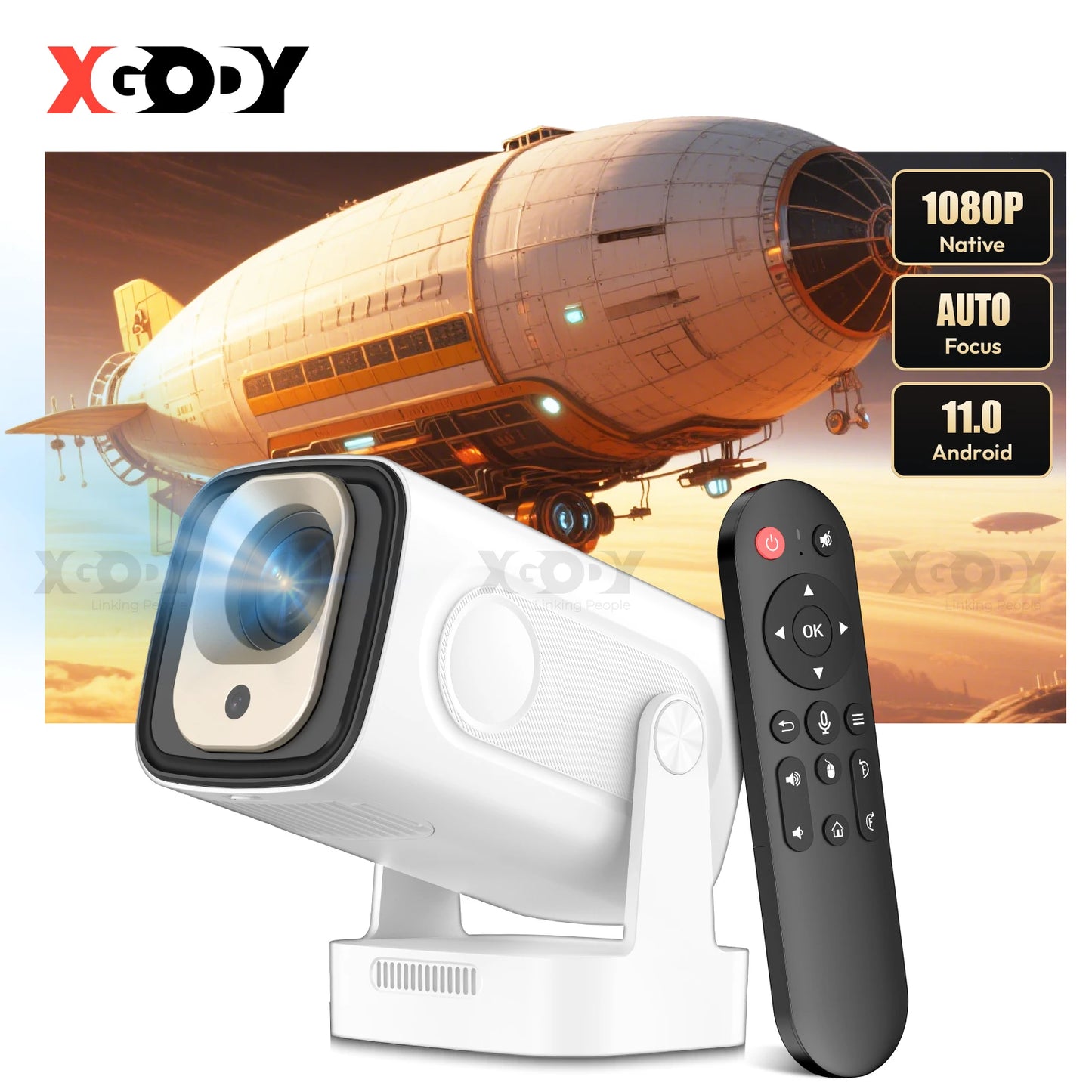 XGODY Gimbal 5 PROAndroid 11-Projektor 4K Native 1080P Autofokus 330ANSI Dual Wifi BT5.4  Air Mouse Voice Home Outdoor Movie