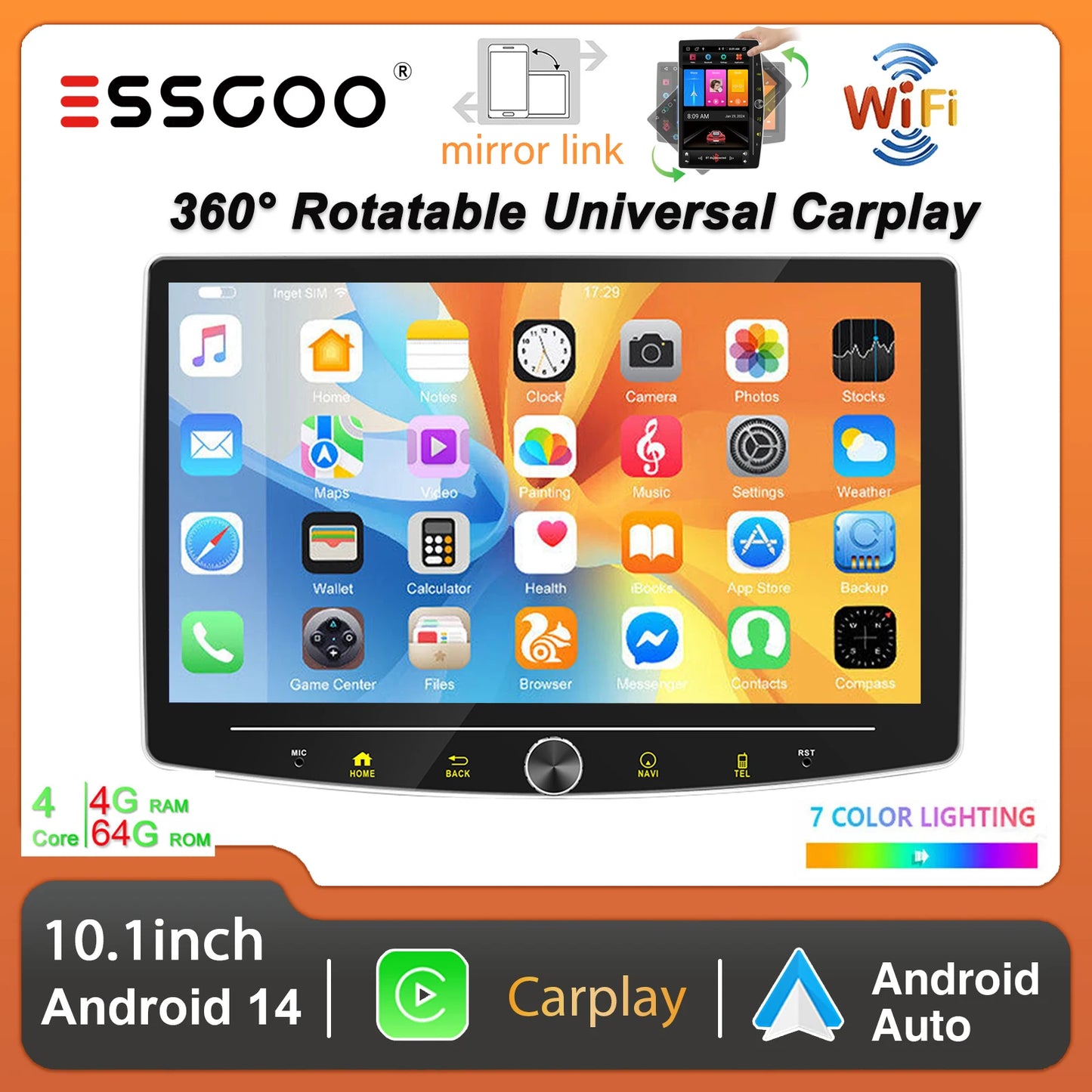 10.1" 1 DIN Touch screen Universal Wireless carplay Android auto Car Stereo Radio 64G Android 14 GPS NAVI SWC BT MIC WIFI